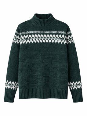 Christian Siriano Green Fair Isle Knit Mockneck Cozy Nordic Geometric Sweater M